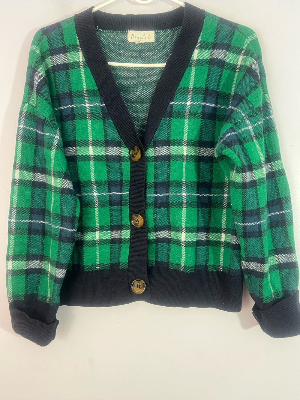 Marled Women’s Size L Green Plaid Cardigan Sweater Button Front Preppy